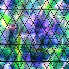 Seamless abstract color blobs with geometric geo shape overlay. High quality illustration. Painterly dye-like blue purple and green bleed watery background color with beautiful pattern overlay.