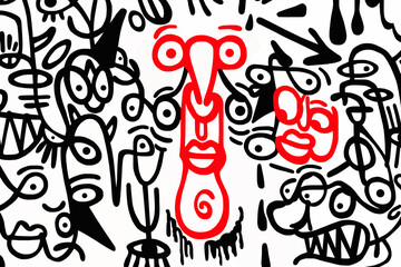 Black and white pattern on a white background with highlighted red cartoon faces, abstract design