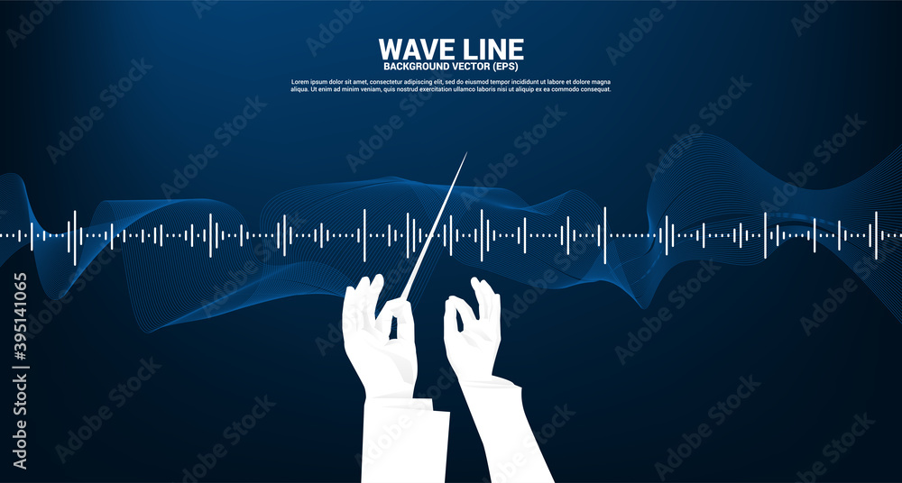 Poster vector silhouette of conductor hand with sound wave music equalizer background. concept background f
