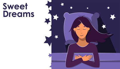 Sleeping girl, night, stars around. Young lady, bedtime, healthy habit, daily regime concept flat vector illustration. Copy space for text, logo. Good mood, sweet dreams. Bedclothes, bed linen advert