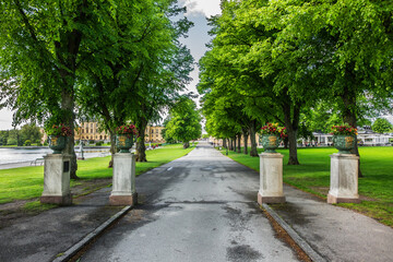 Magnificent Public Park near Drottningholm Palace in Stockholm, Sweden. Drottningholm Palace - most well preserved royal castle built in the 1600s in Sweden.