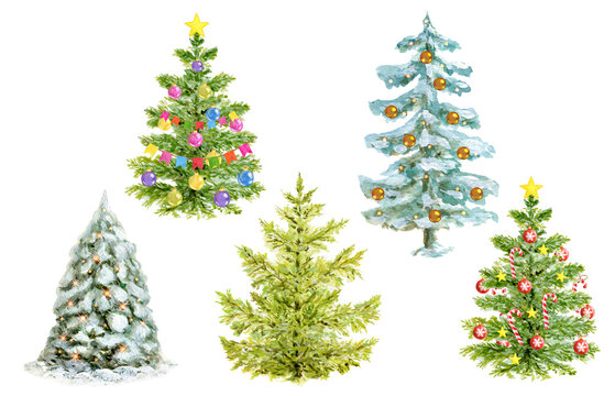 Christmas clipart consisting of watercolor fir trees isolated on white background. Hand drawn winter spruce set for New Year holiday decor or Christmas card.