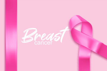 Breast cancer pink ribbon on pink background. Awareness symbol, month. Breast october concept. Hope poster and female illustration. Silk ribbon in pink color.