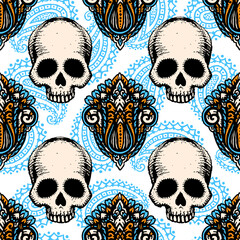 Ethnic seamless pattern with hand drawn skulls. Great for printing on fabric, paper, wallpaper and other surfaces. Vector Illustration.