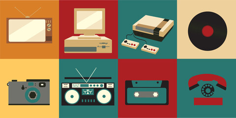 A set of icons of old vintage retro electronics, a kinescope TV, a cassette tape recorder, a vinyl record, a computer, a game console, a telephone, a photoapat from the 70s, 80s, and 90s