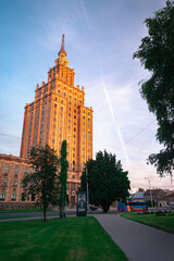 Buidling of the Latvian Academy of Sciences at sunset, Riga, Latvia.