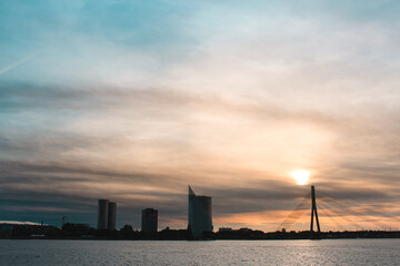 Fototapeta na wymiar Sunset over bridge near city center of Riga, Latvia.