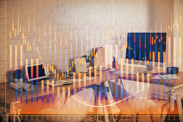 Multi exposure of stock market chart drawing and office interior background. Concept of financial...