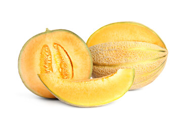 Tasty fresh cut and whole melons isolated on white