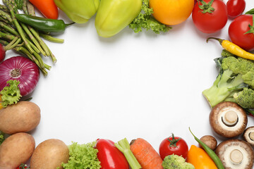 Frame of fresh vegetables on white background, flat lay. Space for text