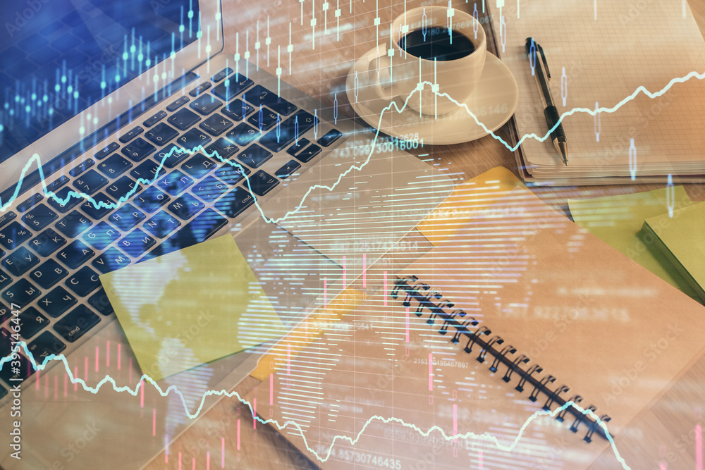 Poster Multi exposure of forex graph drawing and desktop with coffee and items on table background. Concept of financial market trading