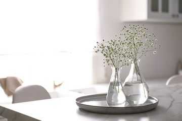 Vases with gypsophila flowers on table in kitchen, space for text. Interior design