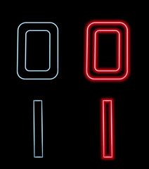 Alphabet made with neon lit numbers 0, 1. Numbers with light on and off. 3D render on black background. Template gif ease.