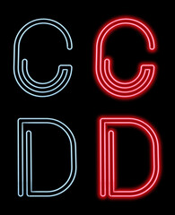 Alphabet made with neon lit letters. Letters C, D, with light on and off. 3D render on black background. Template gif ease.
