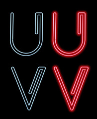 Obraz premium Alphabet made with neon lit letters. Letters U, V, with light on and off. 3D render on black background. Template gif ease. 