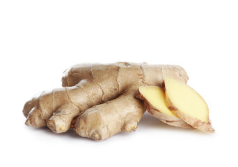 Whole and cut fresh ginger isolated on white