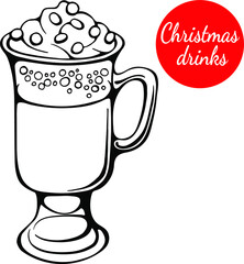 Hand drawn vector of christmas and winter drink isolated on white. Christmas cocoa with cream for festive design and holiday decoration.