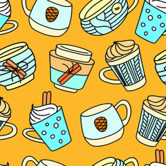 Christmas and winter drinks. Seamless pattern vector background with hand drawn illustrations cozy home things.