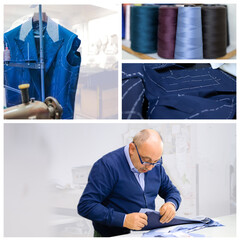 Collage with the tailor who prepares the patterns in his workshop. Concept of manual work related...