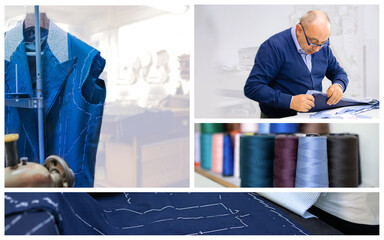 Collage with the tailor who prepares the patterns in his workshop. Concept of manual work related...