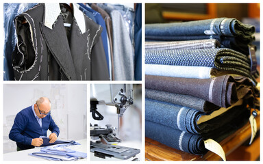 Collage with the tailor who prepares the patterns in his workshop. Concept of manual work related...