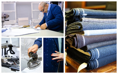 Collage with the tailor who prepares the patterns in his workshop. Concept of manual work related...