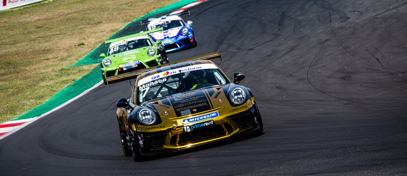 Porsche Carrera racing car action competition turn asphalt track circuit