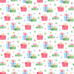 Seamless pattern with colorful christmas presents and confetti on white background. Hand drawn watercolor Christmas elements.