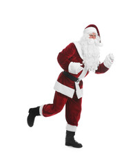 Santa Claus in costume running on white background