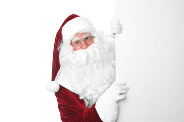 Santa Claus with blank banner on white background