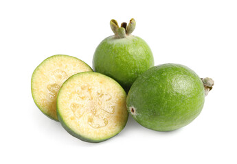 Whole and cut feijoa fruits on white background