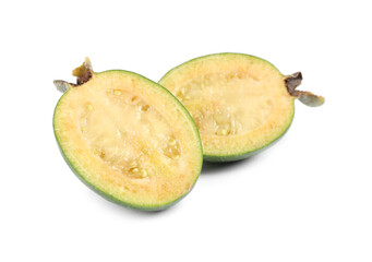 Halves of feijoa fruit on white background