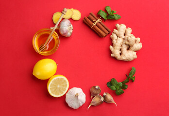 Frame of different natural antibiotics on red background, flat lay. Space for text