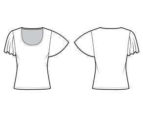 Top with short circle sleeves technical fashion illustration with relax fit, under waist length, round neckline. Flat apparel blouse template front, back white color. Women men unisex shirt CAD mockup