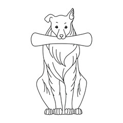 Heraldry. A hand drawn black and white vector sitting dog with a scroll. Stock illustration.