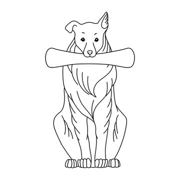 Heraldry. A hand drawn black and white vector sitting dog with a scroll. Stock illustration.