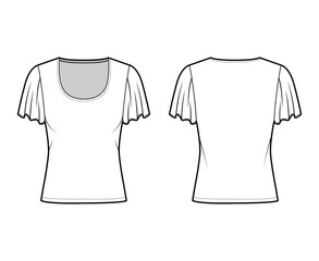 Top with short circle sleeves technical fashion illustration with relax fit, under waist length, round neckline. Flat apparel blouse template front, back white color. Women men unisex shirt CAD mockup