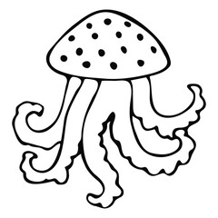 Hand drawn vector jellyfish isolated on white background. Black and white stock illustration for coloring books and pages.