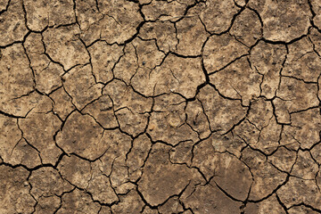 Texture of cracked dried soil. Dry ground with cracks. Brown rough surface of the soil during summer drought. Perfect for background and design. Ecology, climate change and global warming on Earth.