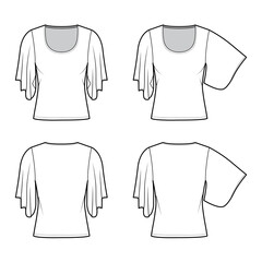 Set of Top with elbow kimono sleeves technical fashion illustration with relax fit, under waist length, round neckline. Flat apparel blouse template front, back white color. Women men shirt CAD mockup