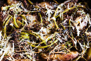 plant-based food, vegan roasted potato and caulini bake with dairy-free cheese