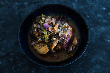 plant-based food, vegan roasted potato onion and caulini bake with dairy-free cheese