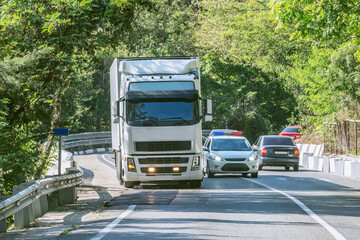 Freight truck and police car move on the road.