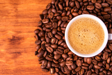 Homemade cafe fresh hot espresso in steam white mug cup brew from organic sustainable coffee shop drink roasted brown bean with recycle disposable paper package with refresh aroma