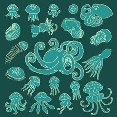 Hand drawn vector set of octopuses and jellyfishes on dark background. Color stock illustration.