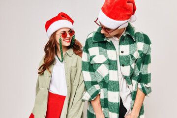 young couple in new year clothes sunglasses fun holiday
