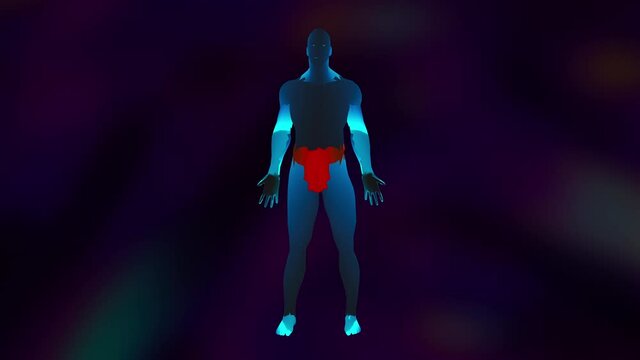 Human silhouette with multicolor neon radiation. Computer generated backdrop for computer game. The muscular body of a hero, 3d rendering