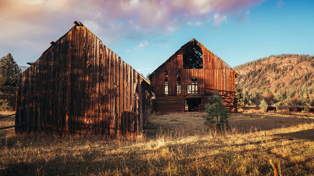 old barn at sunset