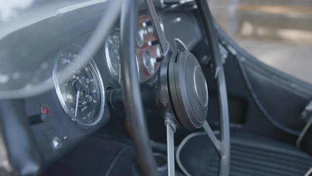 Close shot of a beautiful old car, details on dashboard