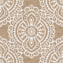 Seamless burlap with white paint pattern overlay. High quality illustration. Real burlap fabric texture with digital pattern on top for print in various surface design uses. Great for interiors.